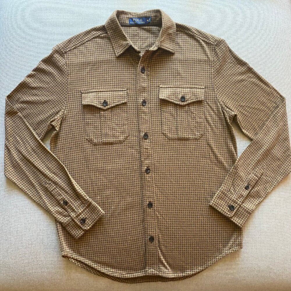 Ralph Lauren Vintage Men's Brown Two Pocket Houndstooth Long Sleeve Shirt Medium